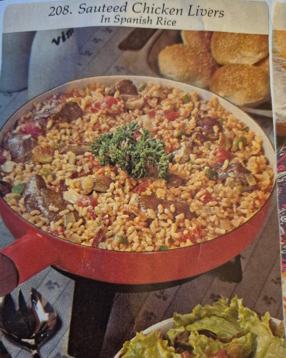 Card  208. Sauteed Chicken Livers in Spanish Rice from Dinner is Served recipe card series (1973)